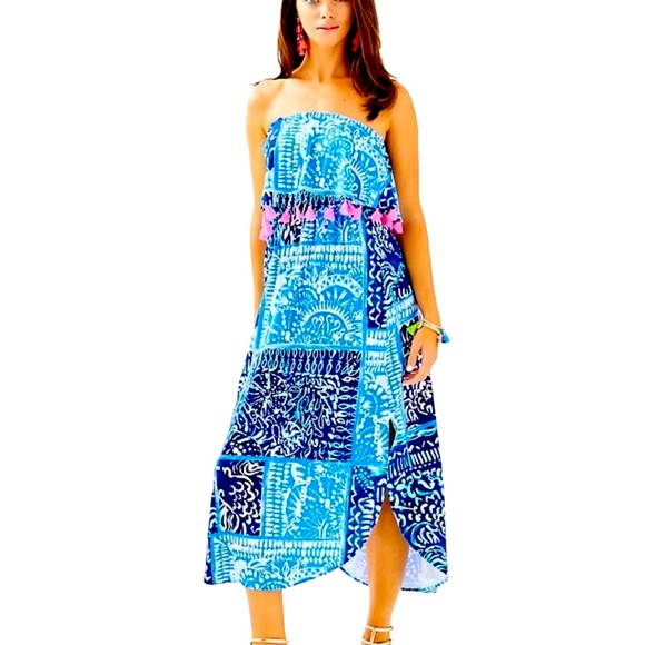 LILLY PULITZER Blue/Black Strapless Meridian Midi Dress Size Small